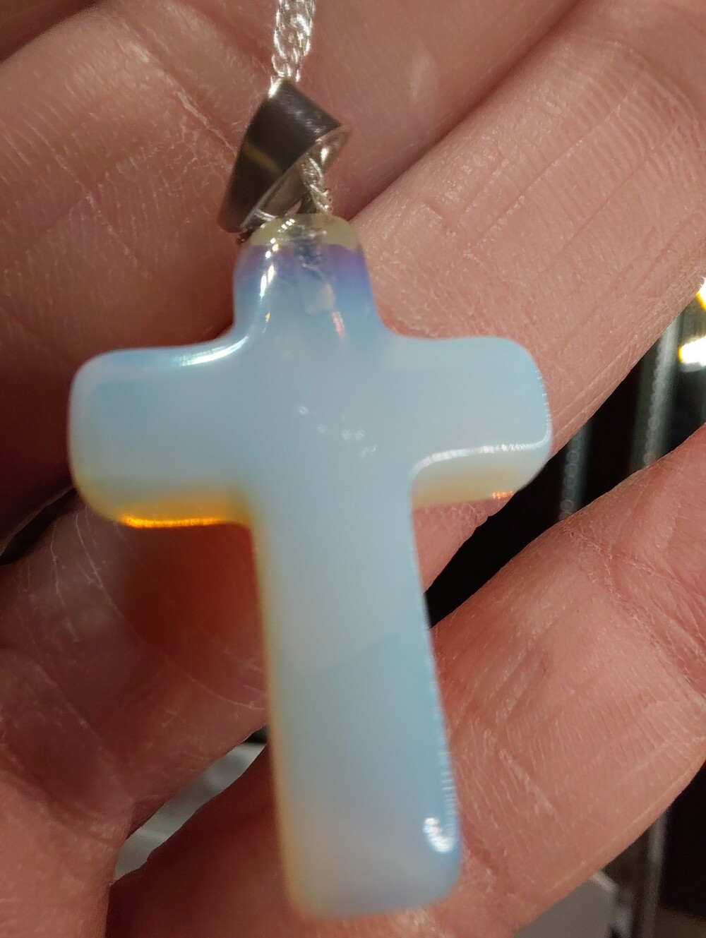 Opalite Cross Pendant Necklace  Opalescent White